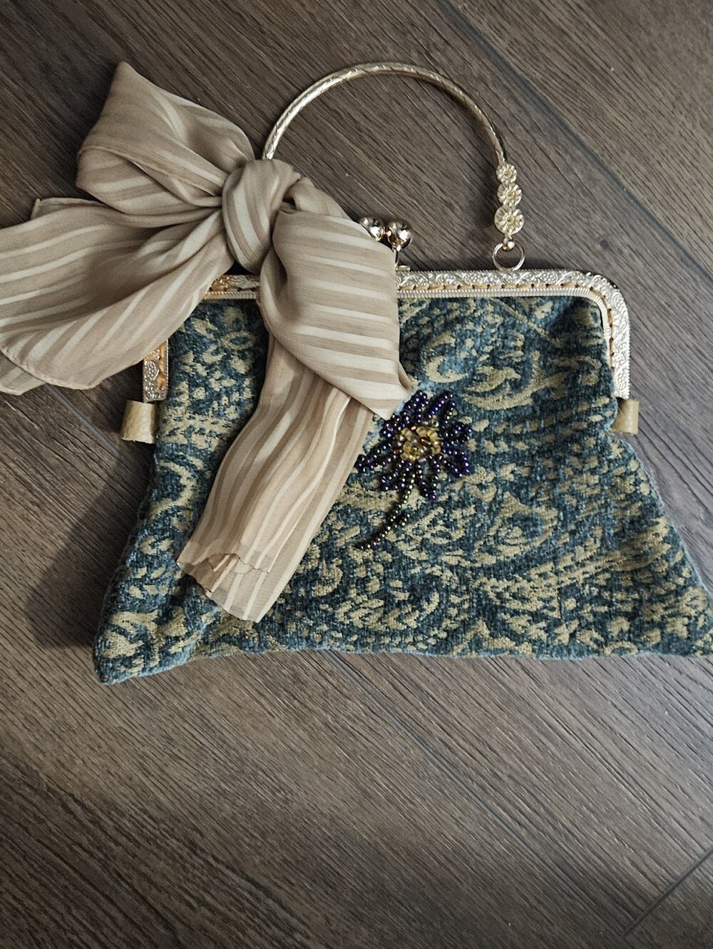 Gold & Teal Tapestry Purse With Embroidered Flower And Metal Frame